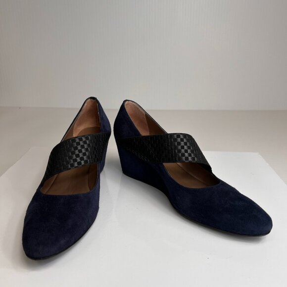 Anyi Lu Wedge Women 9 Leather Check Strap Heel Italy Modern Work Party Core Ex - Picture 1 of 13